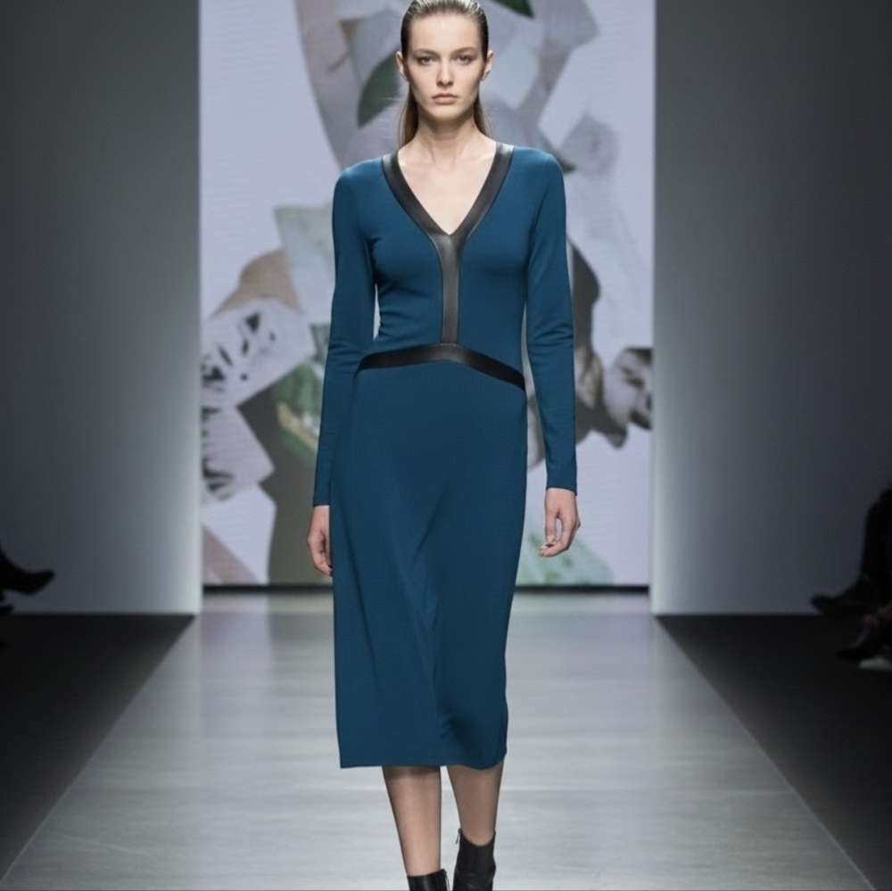 Fendi Wool Blend Dark Green Black Jersey Open Back Midi Dress Eu42 US size 6 - Picture 2 of 13